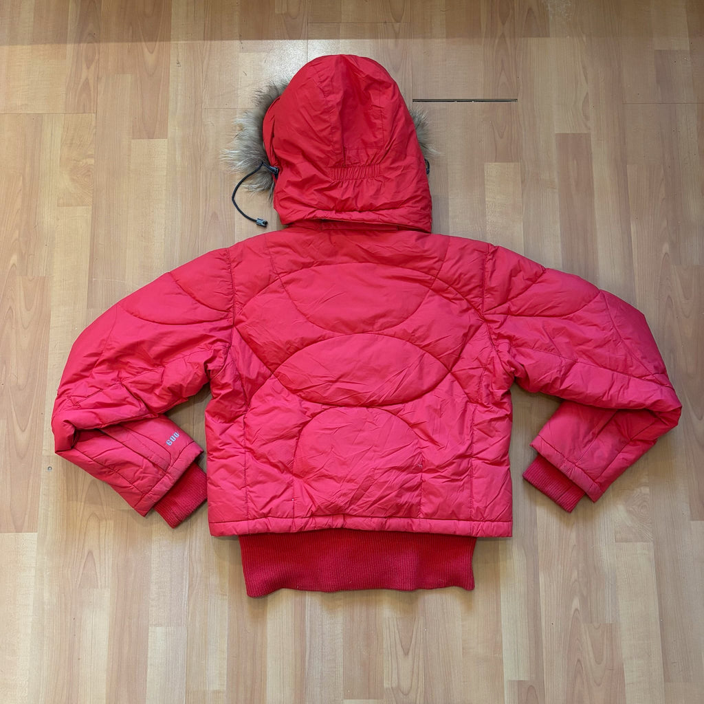The North Face red down jacket with faux fur hood, ribbed cuffs, and zip pockets.