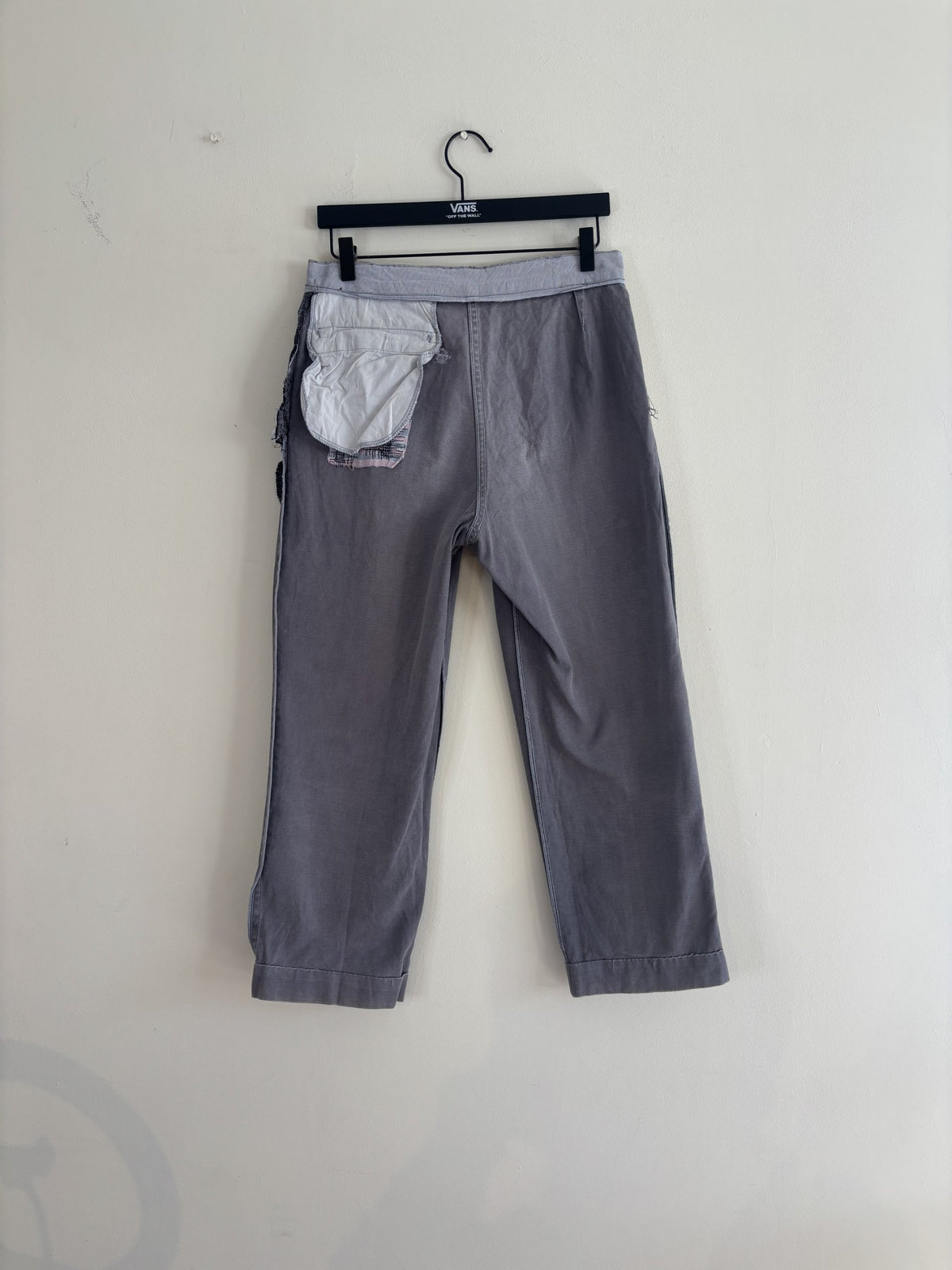 Le Pigeon Voyageur blue grey moleskin pants with pleated front and vintage pocket liner.