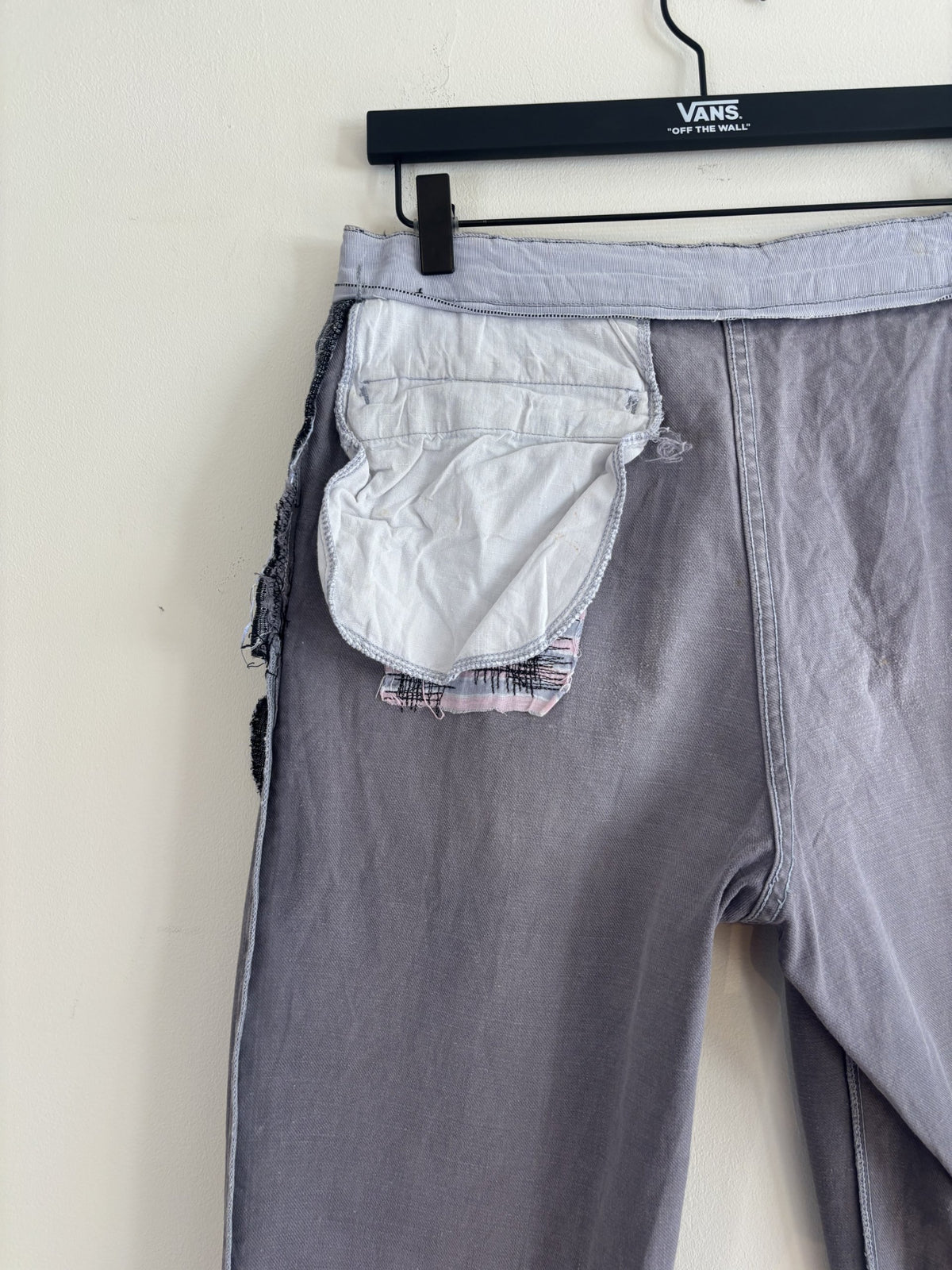 Le Pigeon Voyageur blue grey moleskin pants with pleated front and vintage pocket liner.