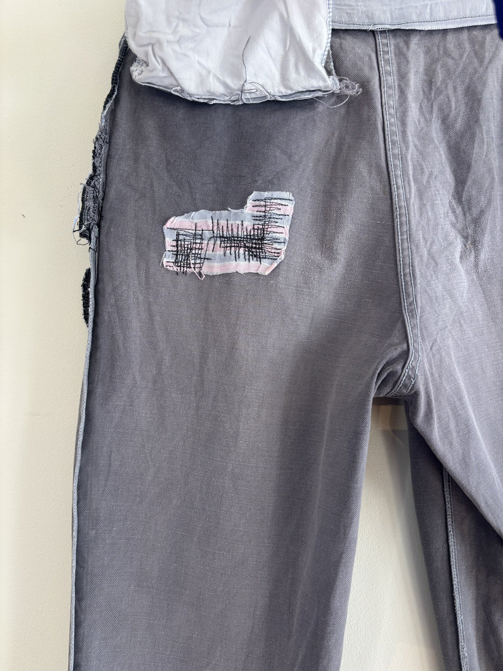 Le Pigeon Voyageur blue grey moleskin pants with pleated front and vintage pocket liner.