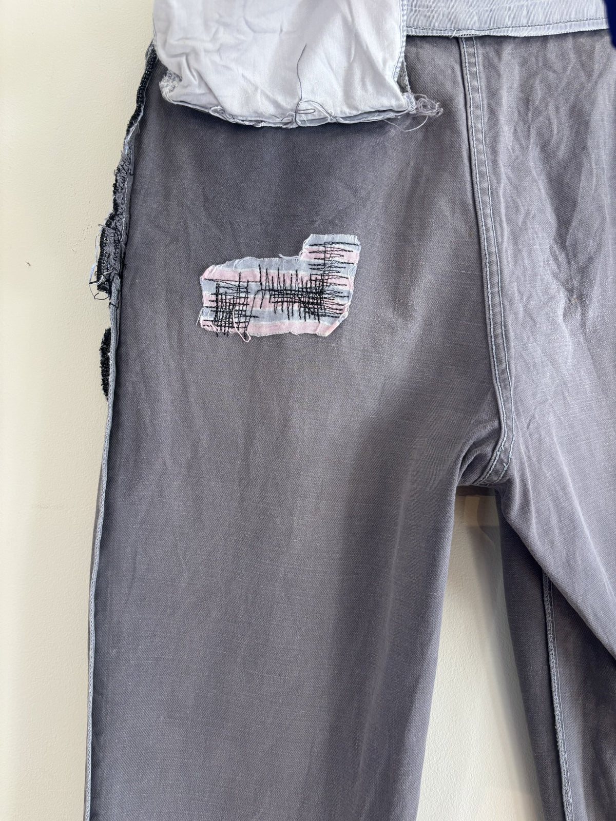 Le Pigeon Voyageur blue grey moleskin pants with pleated front and vintage pocket liner.