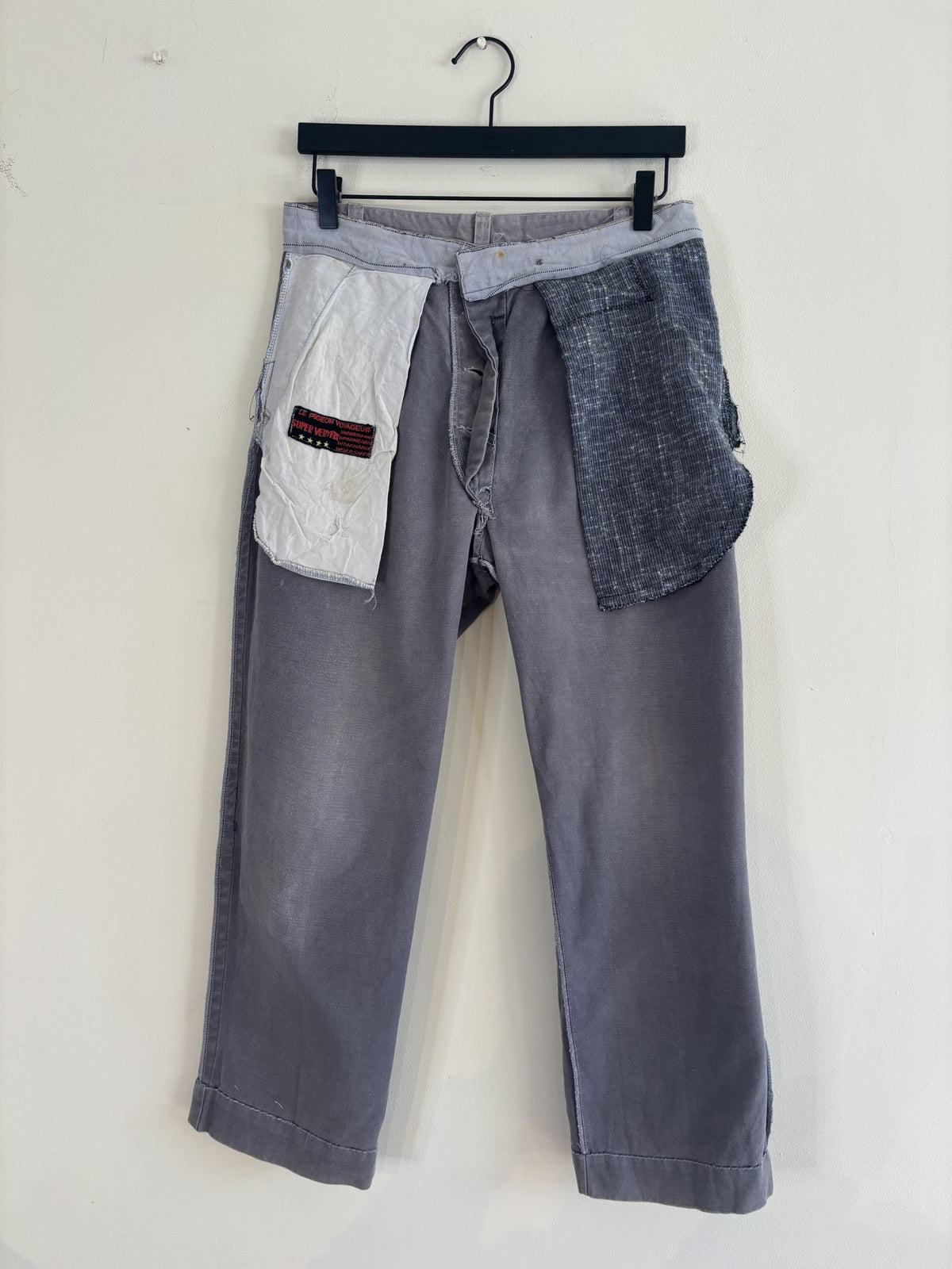 Le Pigeon Voyageur blue grey moleskin pants with pleated front and vintage pocket liner.