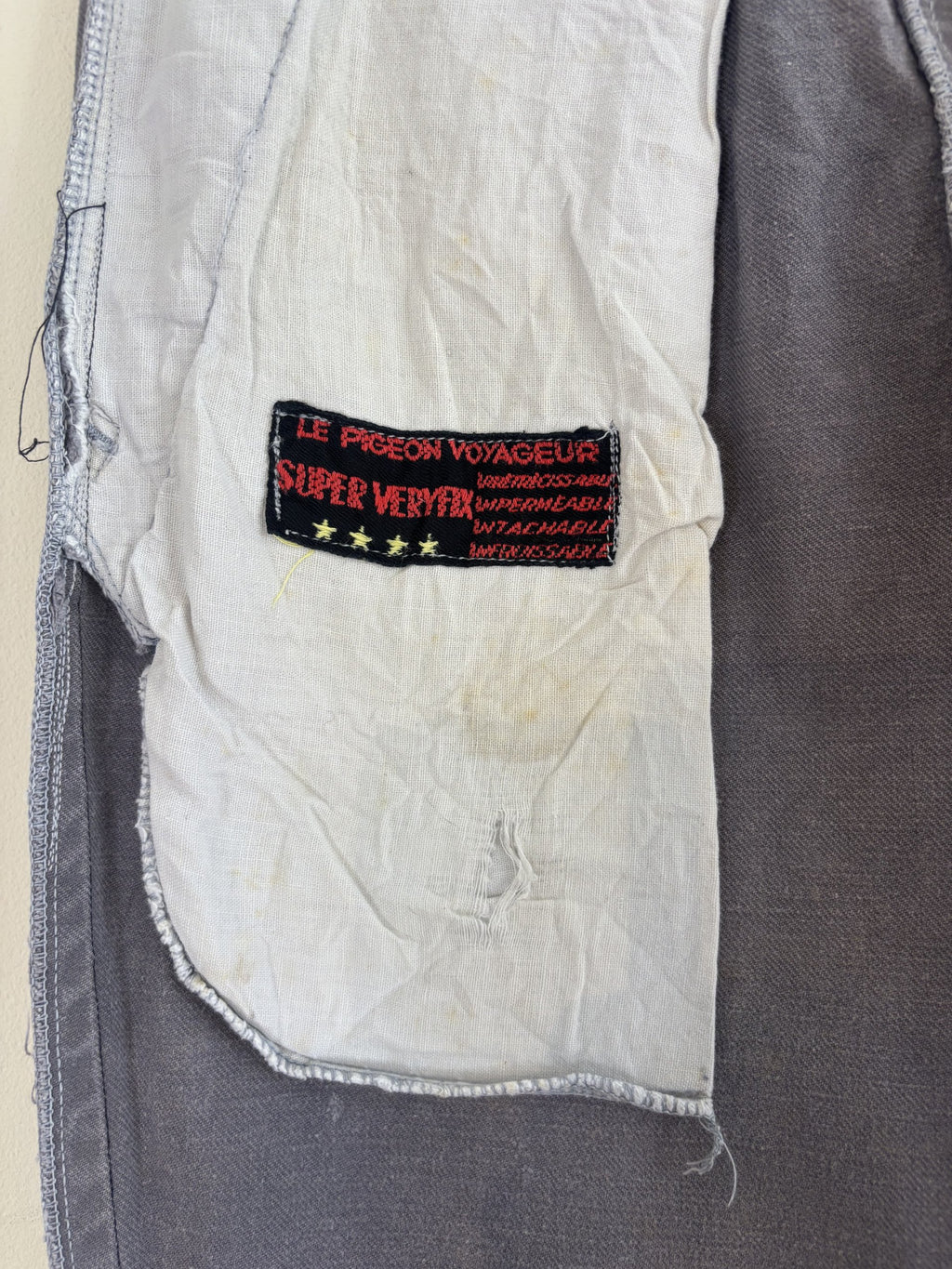 Le Pigeon Voyageur blue grey moleskin pants with pleated front and vintage pocket liner.
