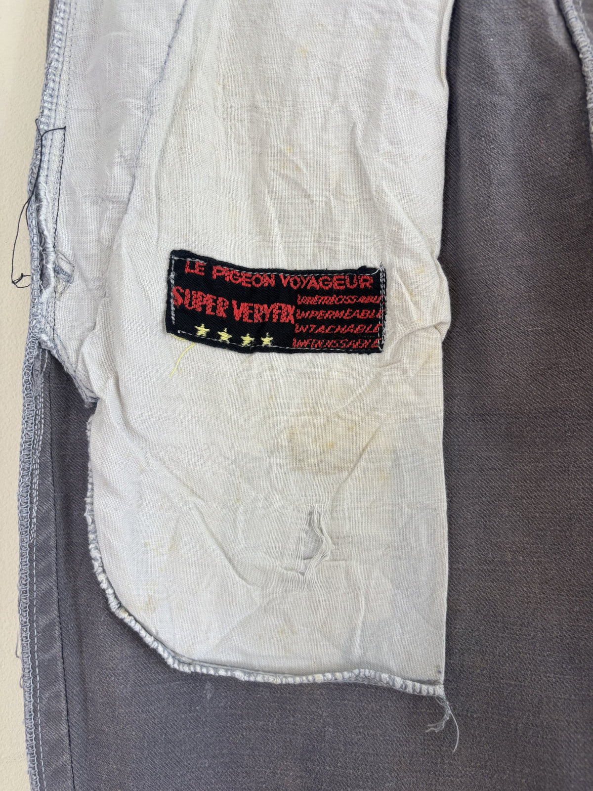 Le Pigeon Voyageur blue grey moleskin pants with pleated front and vintage pocket liner.