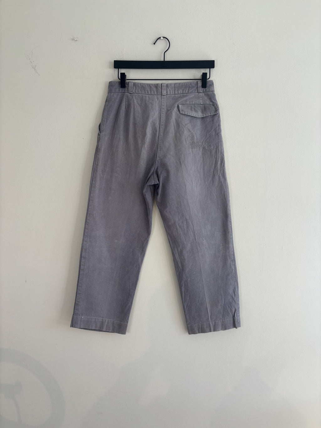 Le Pigeon Voyageur blue grey moleskin pants with pleated front and vintage pocket liner.