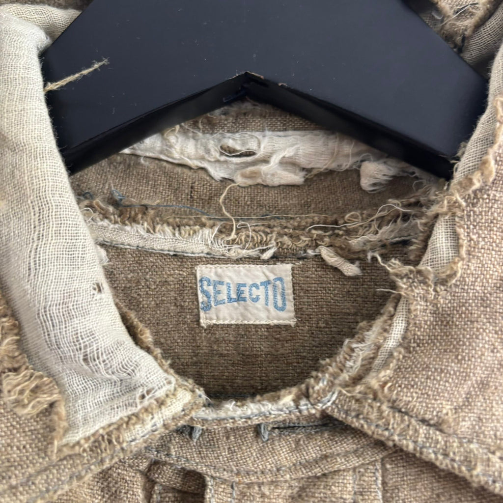 Selecto olive green pullover work shirt with distressed fabric, half-button placket, and chest pocket.