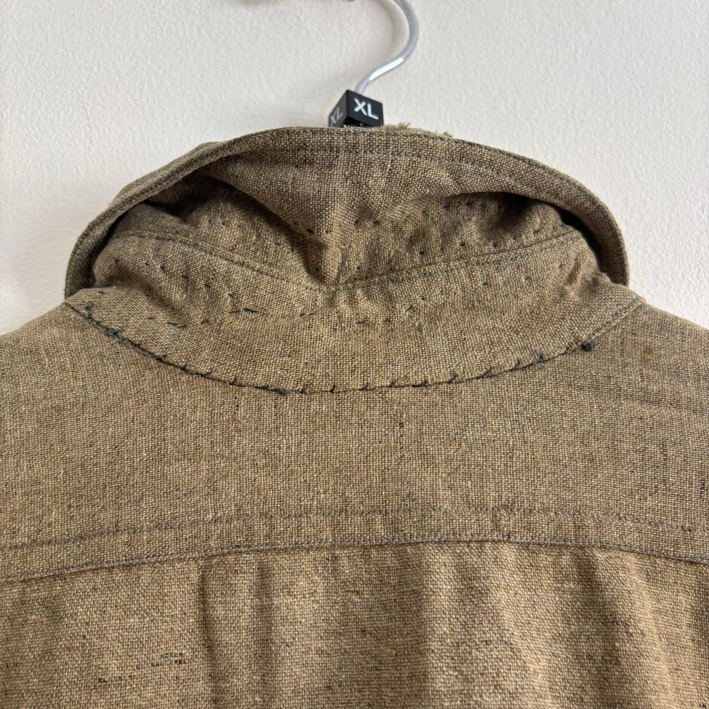 Selecto olive green pullover work shirt with distressed fabric, half-button placket, and chest pocket.