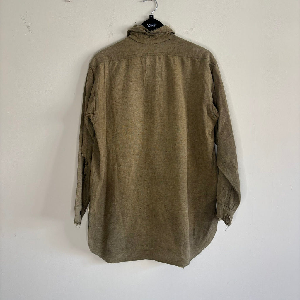 Selecto olive green pullover work shirt with distressed fabric, half-button placket, and chest pocket.