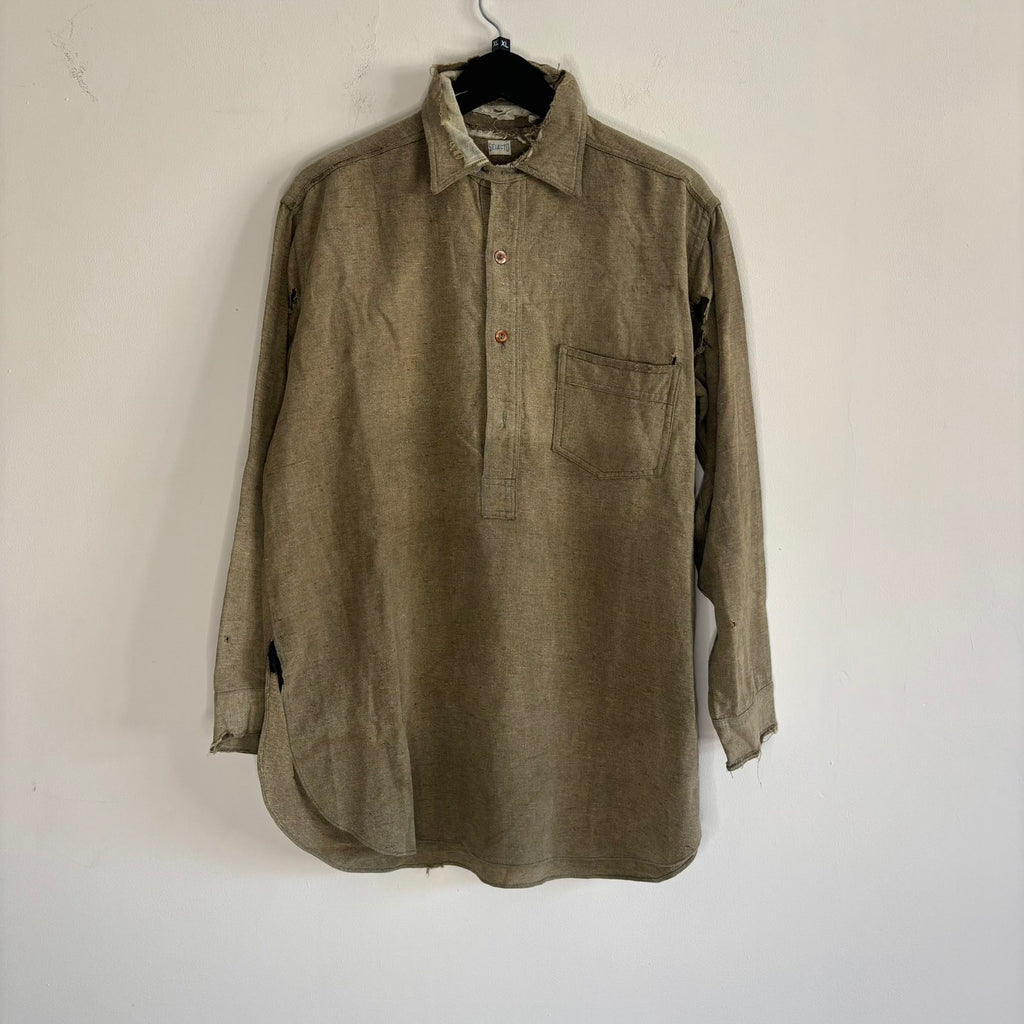 Selecto olive green pullover work shirt with distressed fabric, half-button placket, and chest pocket.