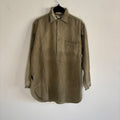 Selecto olive green pullover work shirt with distressed fabric, half-button placket, and chest pocket.
