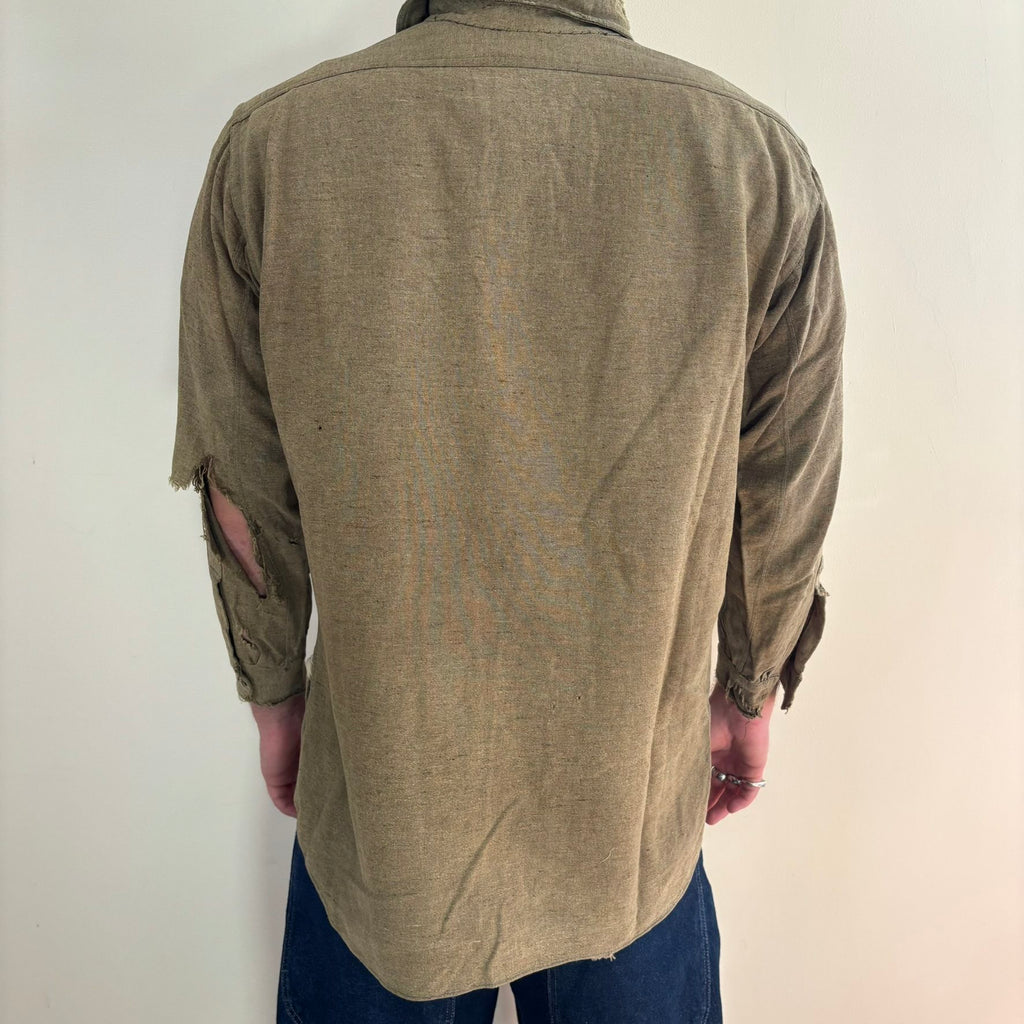 Selecto olive green pullover work shirt with distressed fabric, half-button placket, and chest pocket.