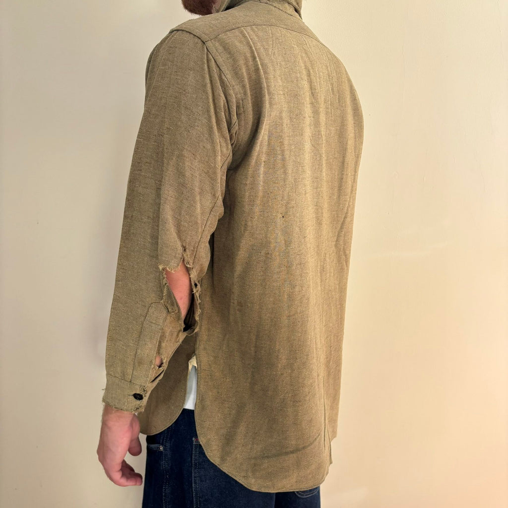 Selecto olive green pullover work shirt with distressed fabric, half-button placket, and chest pocket.