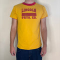 Vintage 70s Lincoln Phys Ed reversible shirt red yellow crew neck with contrasting print.