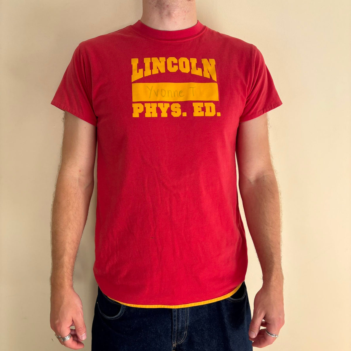 Vintage 70s Lincoln Phys Ed reversible shirt red yellow crew neck with contrasting print.