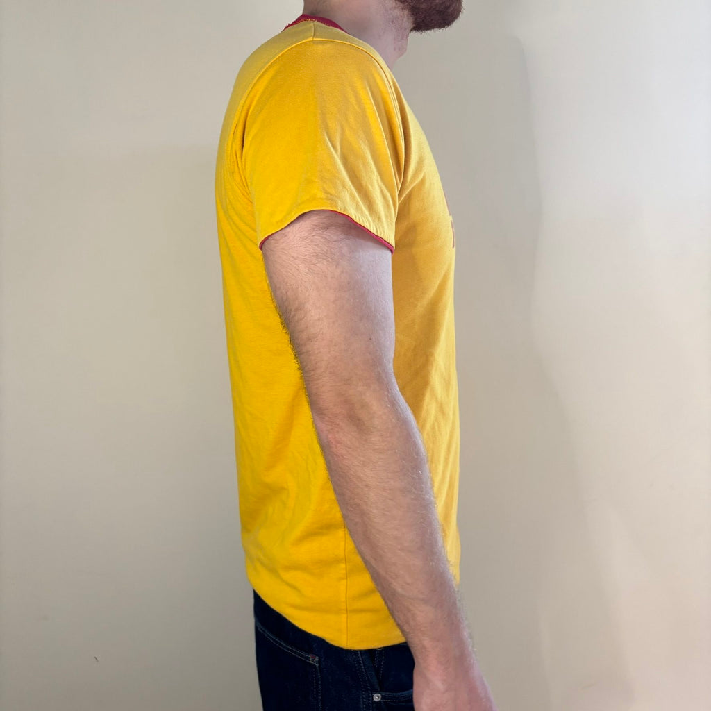 Vintage 70s Lincoln Phys Ed reversible shirt red yellow crew neck with contrasting print.