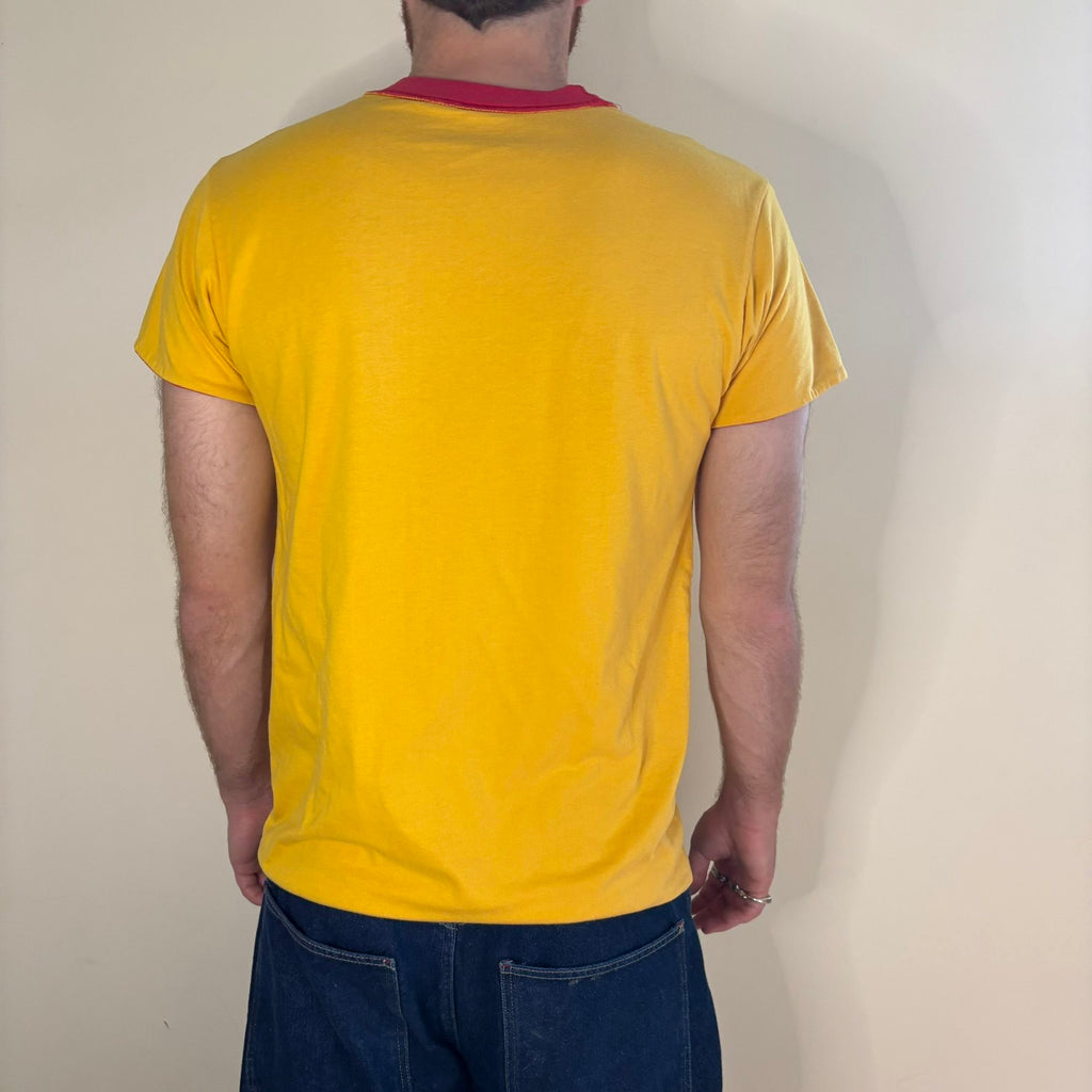 Vintage 70s Lincoln Phys Ed reversible shirt red yellow crew neck with contrasting print.