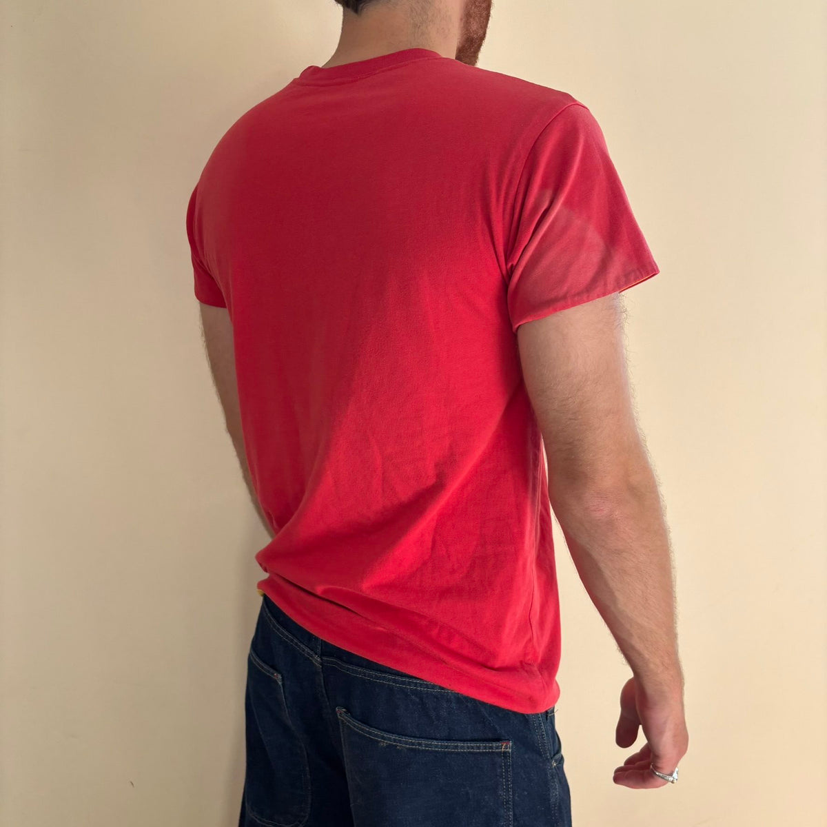 Vintage 70s Lincoln Phys Ed reversible shirt red yellow crew neck with contrasting print.