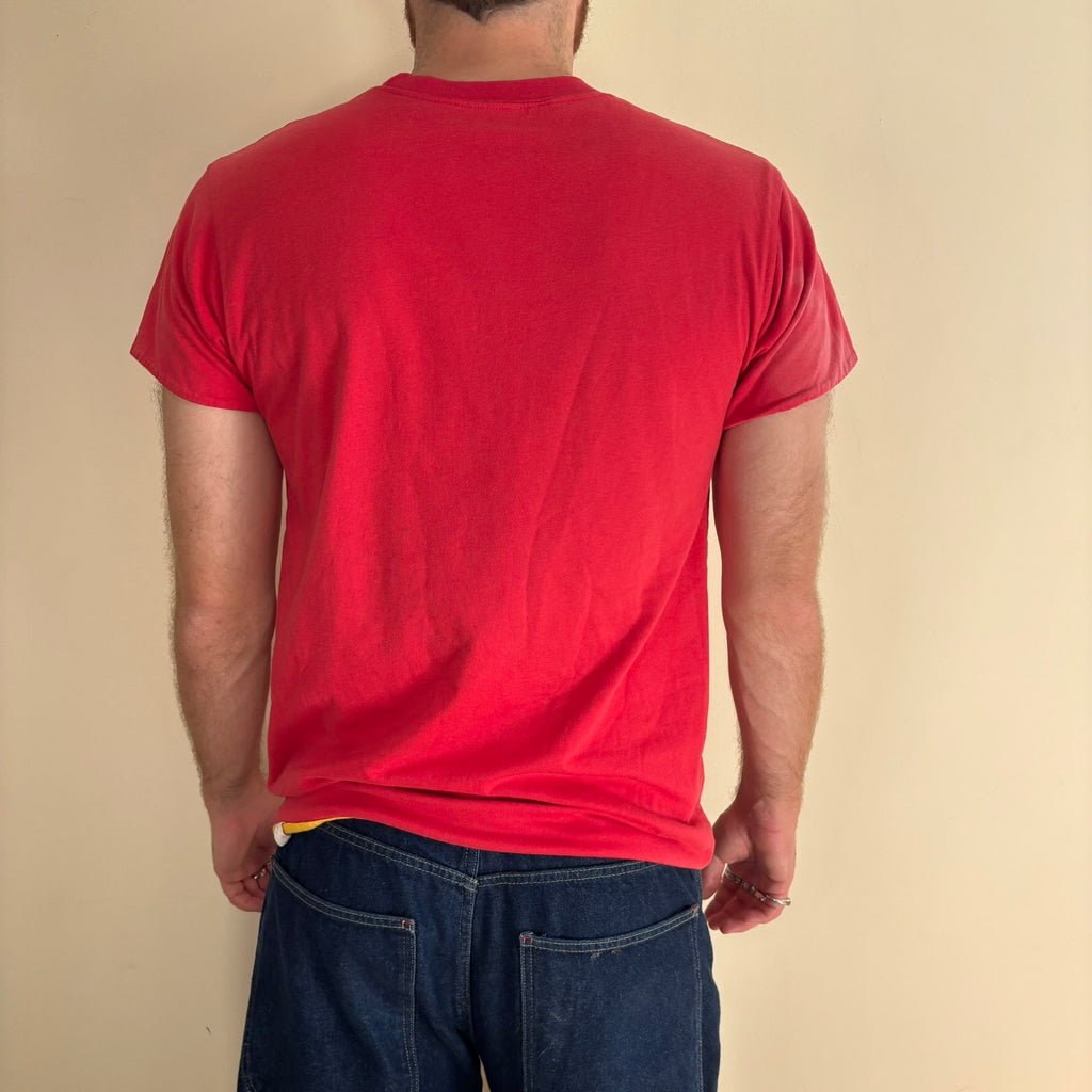 Vintage 70s Lincoln Phys Ed reversible shirt red yellow crew neck with contrasting print.
