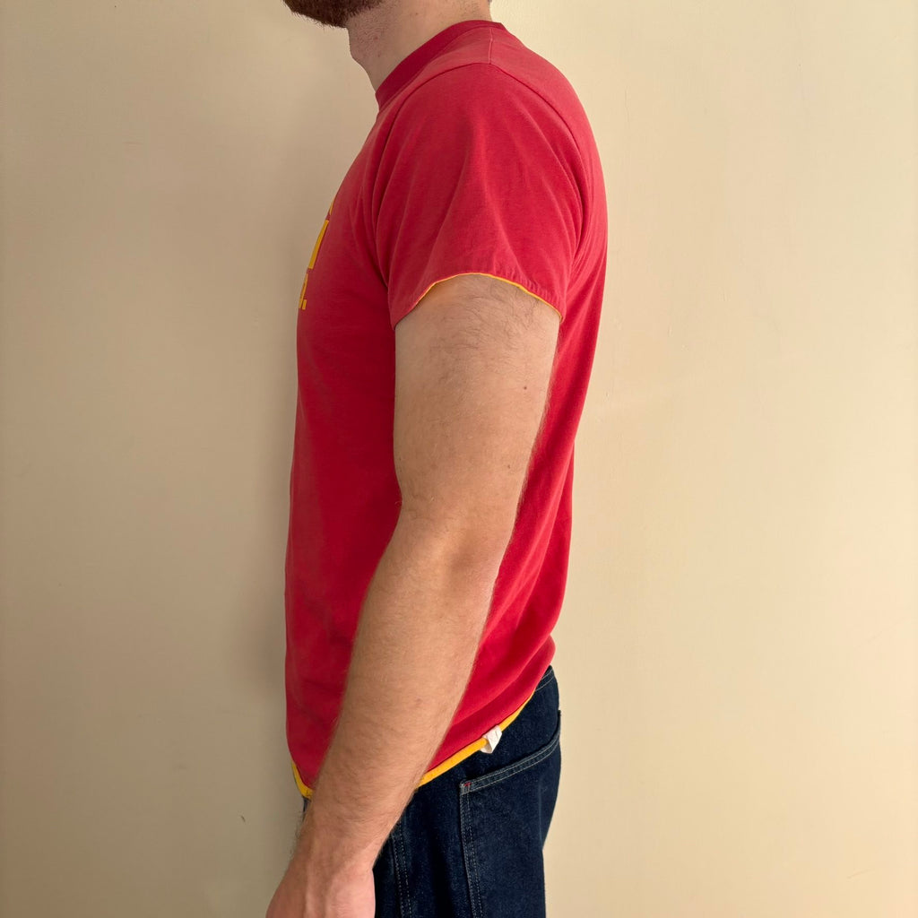 Vintage 70s Lincoln Phys Ed reversible shirt red yellow crew neck with contrasting print.