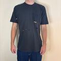 Vintage black band t-shirt single-stitch with ghost pocket detail and faded charcoal color.
