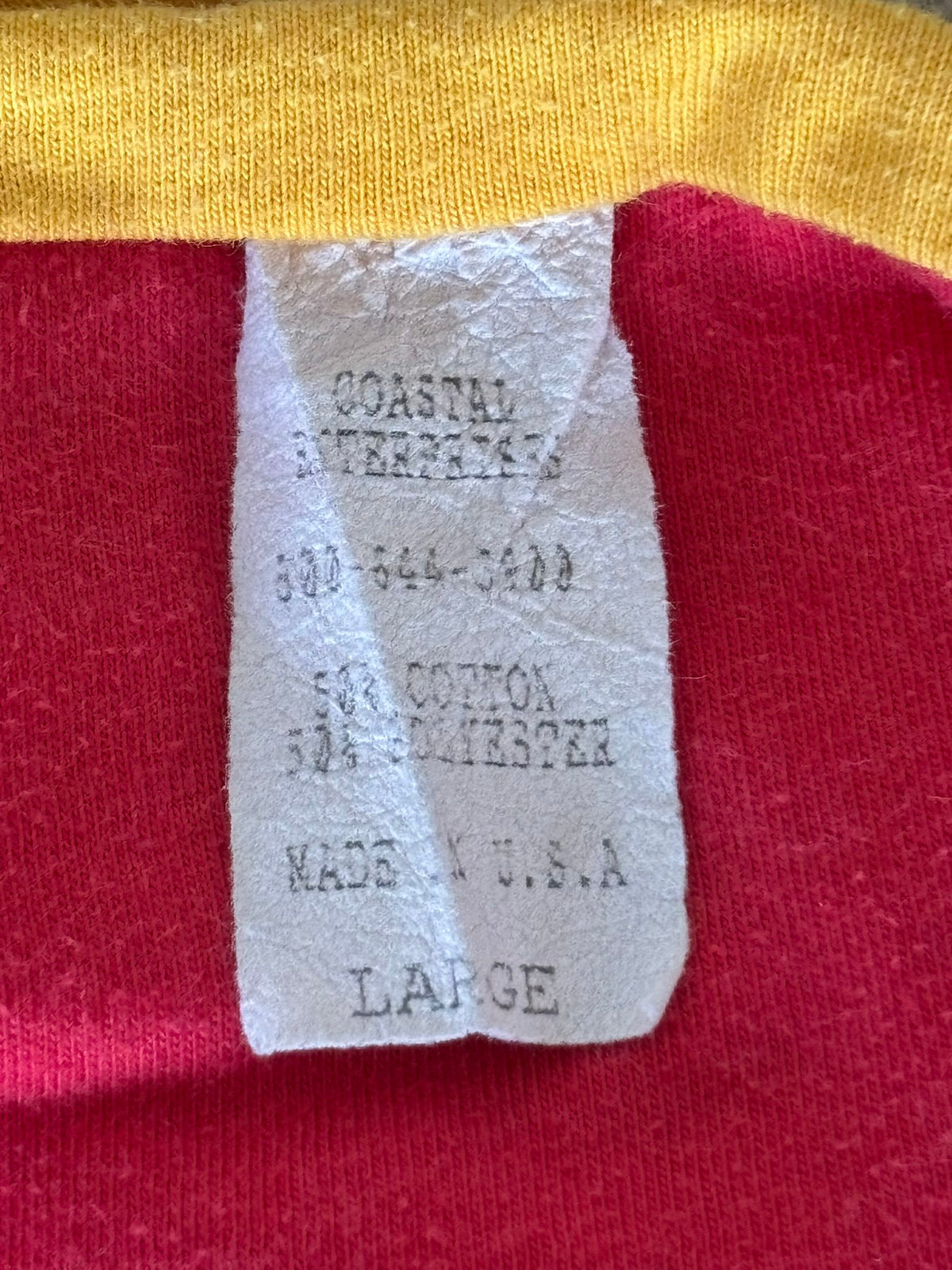 Vintage 70s Lincoln Phys Ed reversible shirt red yellow crew neck with contrasting print.
