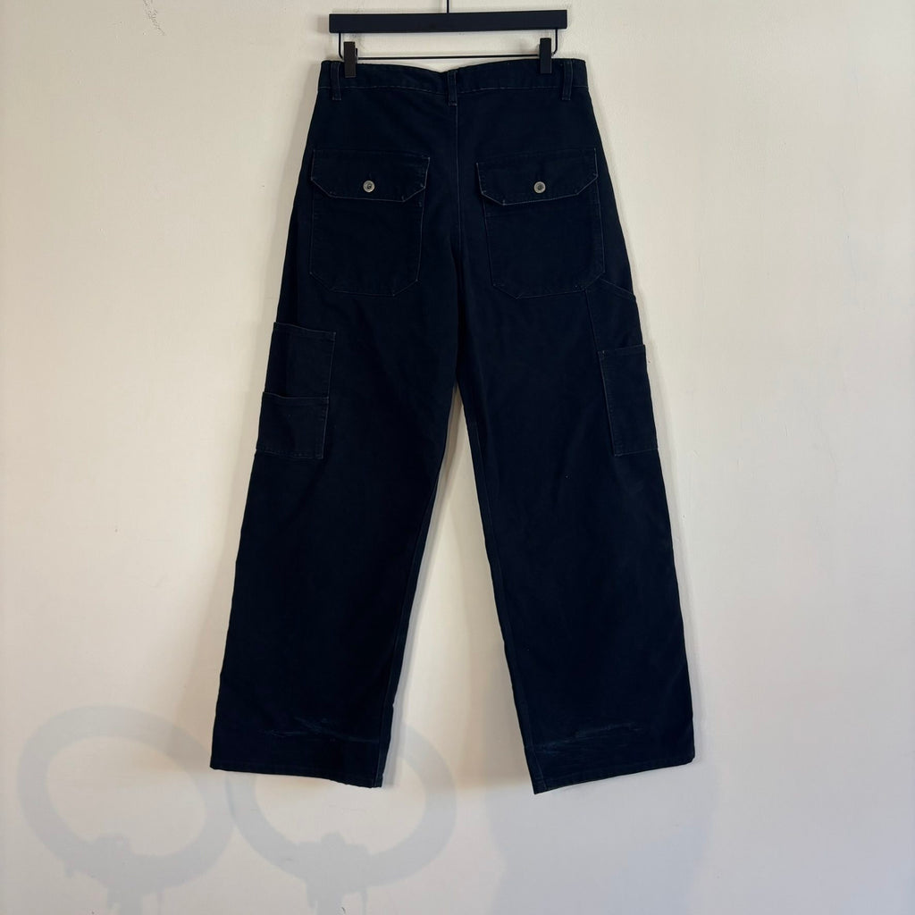 Pinup Rags black wide-leg utility pants, heavyweight duck canvas, triple-stitched seams, repaired hem.
