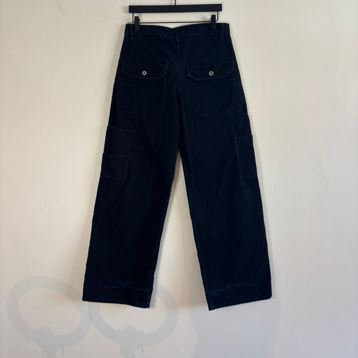 Pinup Rags black wide-leg utility pants, heavyweight duck canvas, triple-stitched seams, repaired hem.