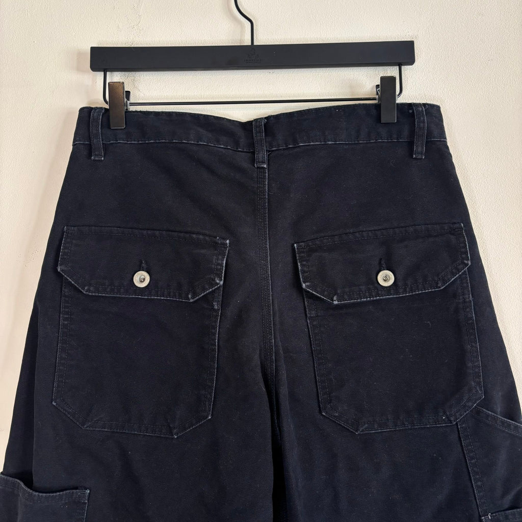 Pinup Rags black wide-leg utility pants, heavyweight duck canvas, triple-stitched seams, repaired hem.
