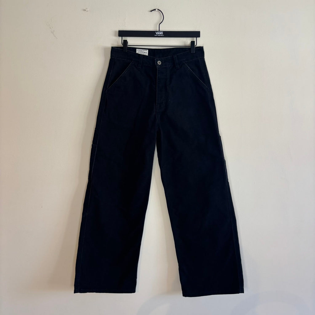 Pinup Rags black wide-leg utility pants, heavyweight duck canvas, triple-stitched seams, repaired hem.