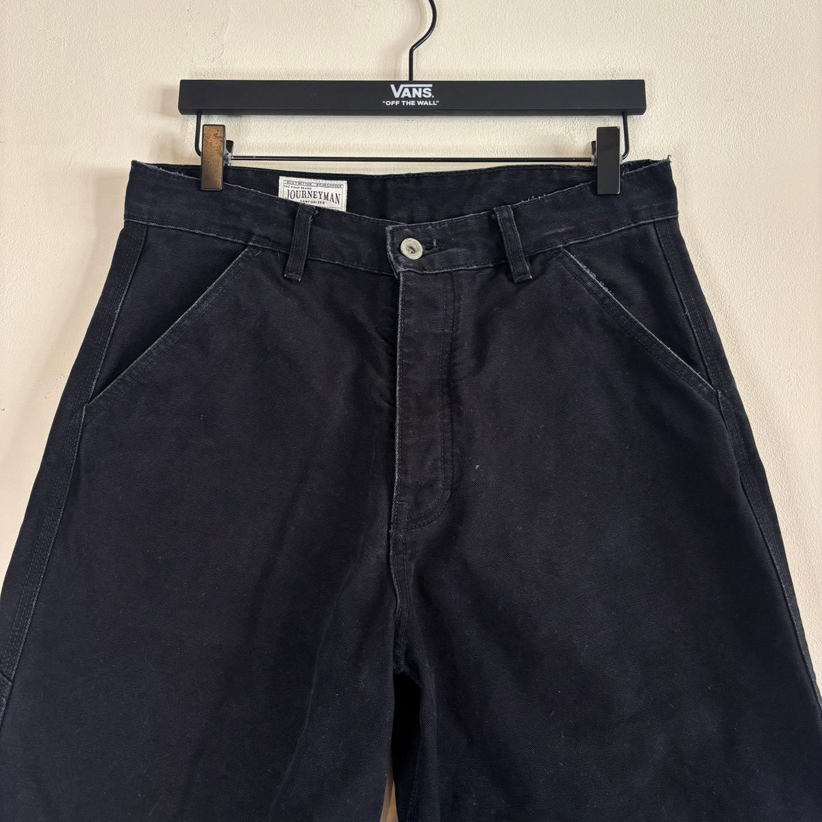 Pinup Rags black wide-leg utility pants, heavyweight duck canvas, triple-stitched seams, repaired hem.