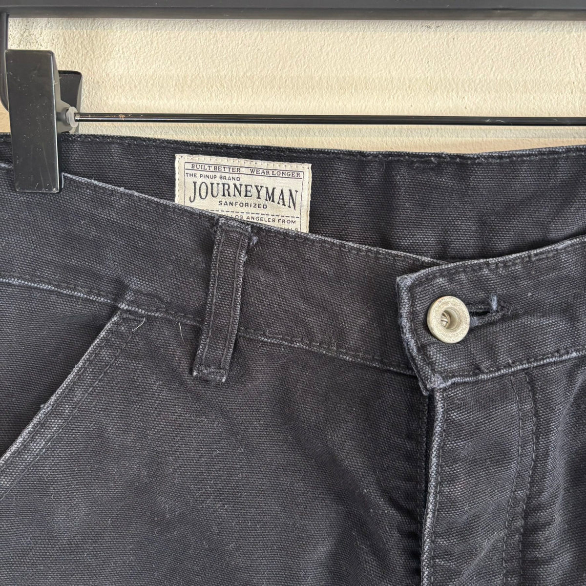 Pinup Rags black wide-leg utility pants, heavyweight duck canvas, triple-stitched seams, repaired hem.