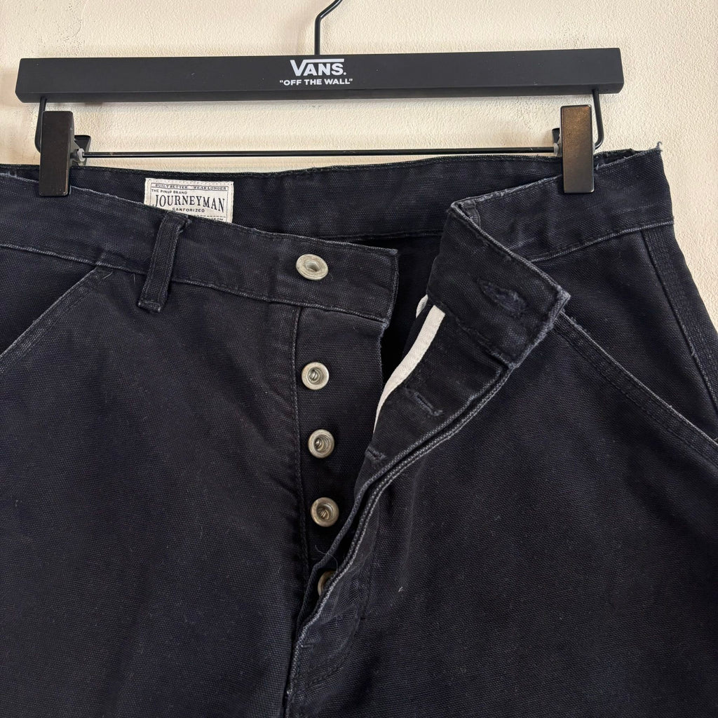 Pinup Rags black wide-leg utility pants, heavyweight duck canvas, triple-stitched seams, repaired hem.