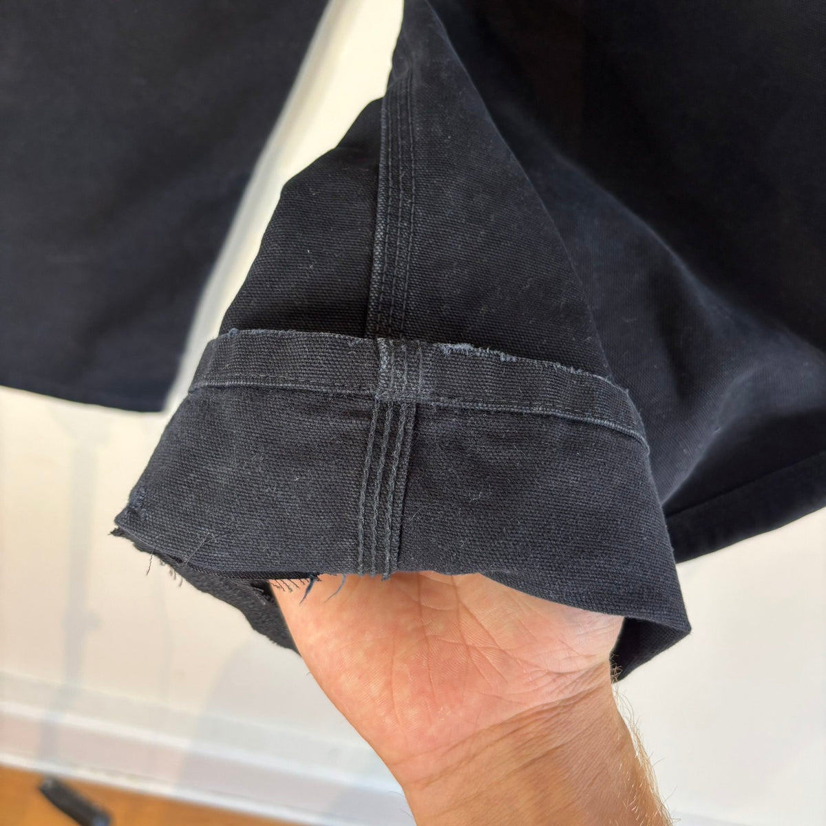 Pinup Rags black wide-leg utility pants, heavyweight duck canvas, triple-stitched seams, repaired hem.