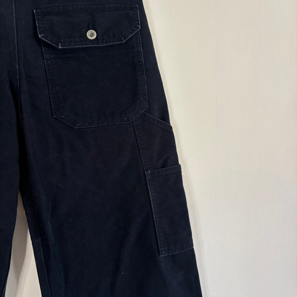 Pinup Rags black wide-leg utility pants, heavyweight duck canvas, triple-stitched seams, repaired hem.
