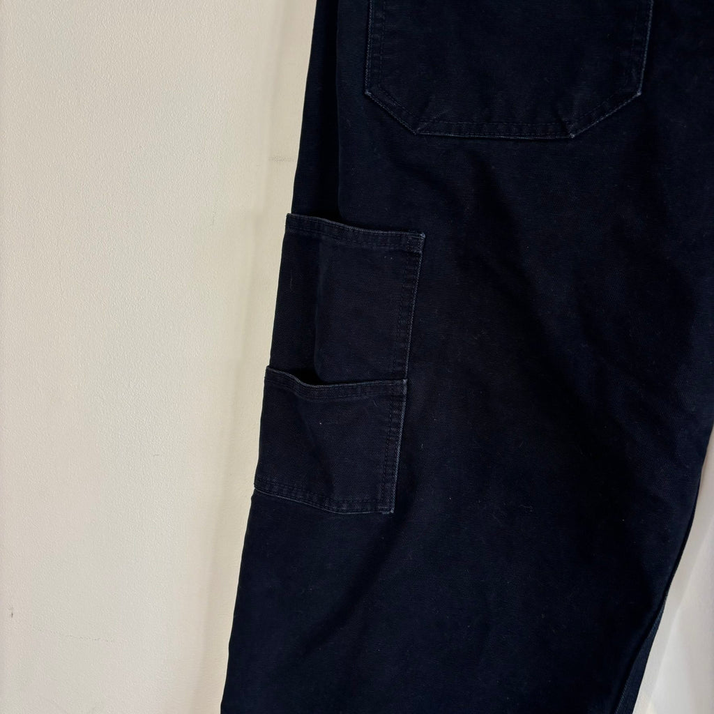 Pinup Rags black wide-leg utility pants, heavyweight duck canvas, triple-stitched seams, repaired hem.