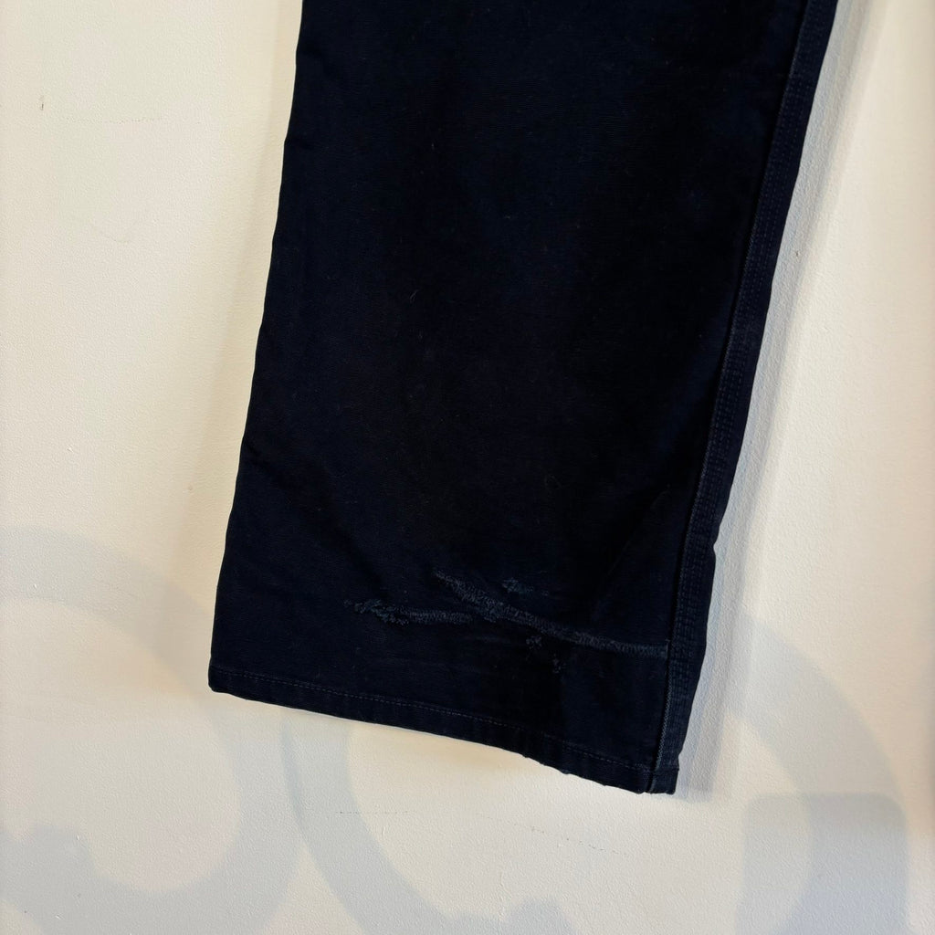 Pinup Rags black wide-leg utility pants, heavyweight duck canvas, triple-stitched seams, repaired hem.