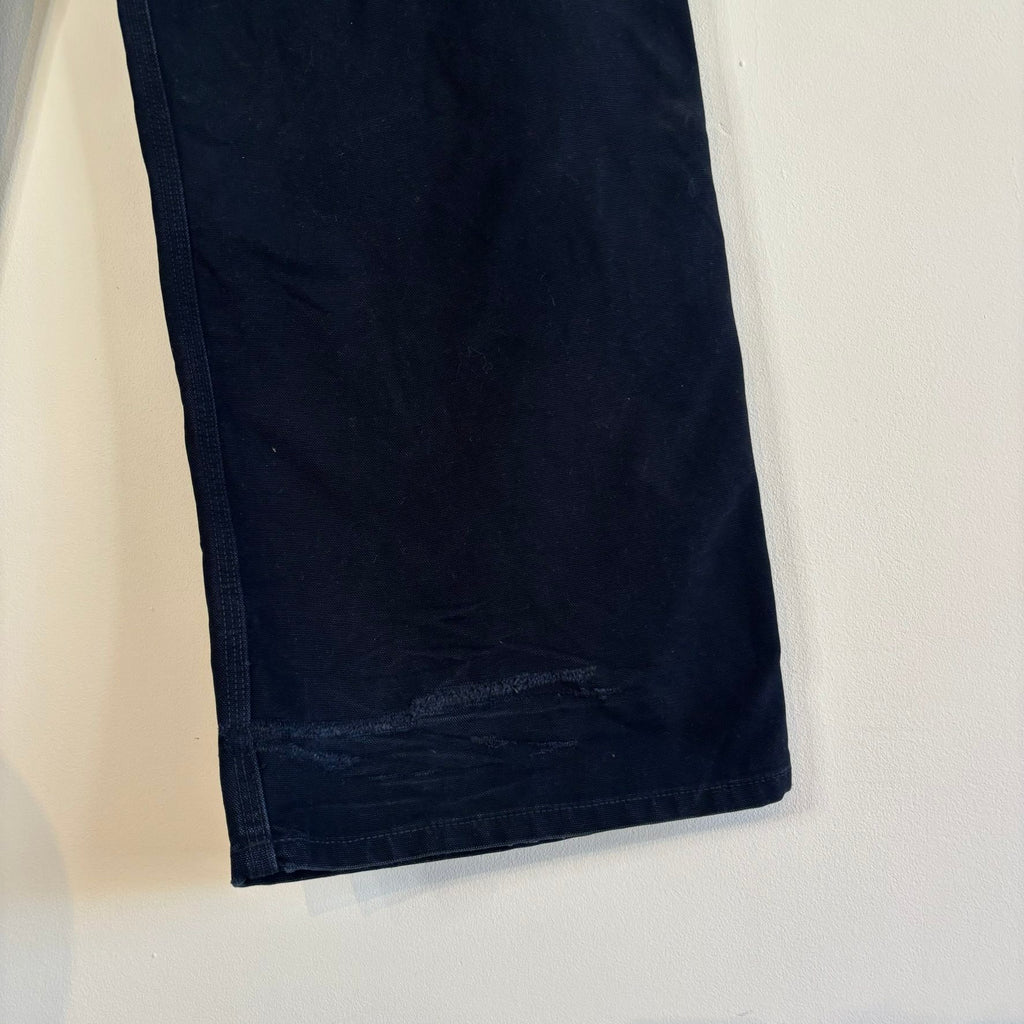 Pinup Rags black wide-leg utility pants, heavyweight duck canvas, triple-stitched seams, repaired hem.
