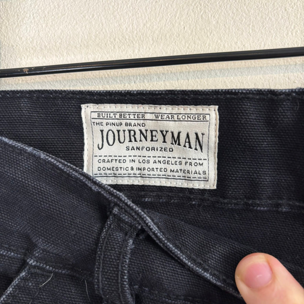 Pinup Rags black wide-leg utility pants, heavyweight duck canvas, triple-stitched seams, repaired hem.