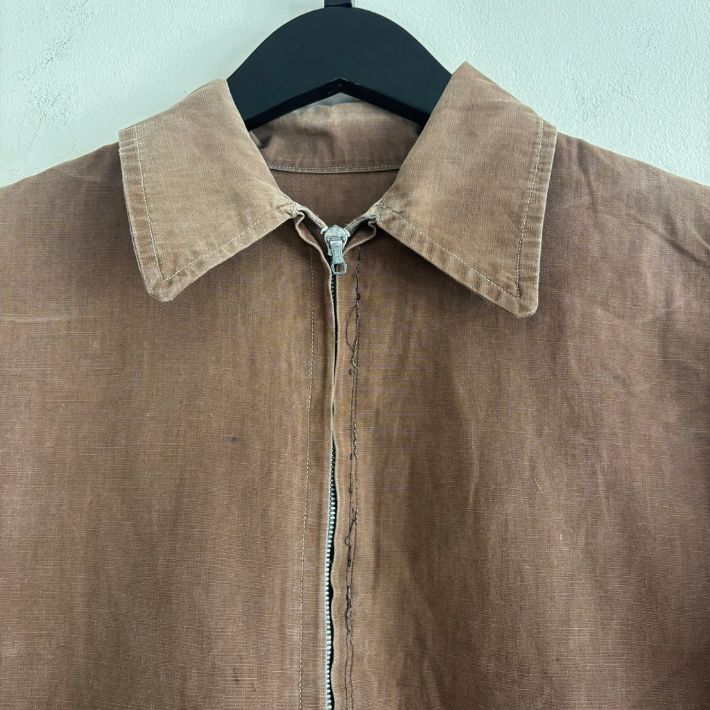 Vintage brown cropped work jacket with pointed collar and CROWN zipper pull.