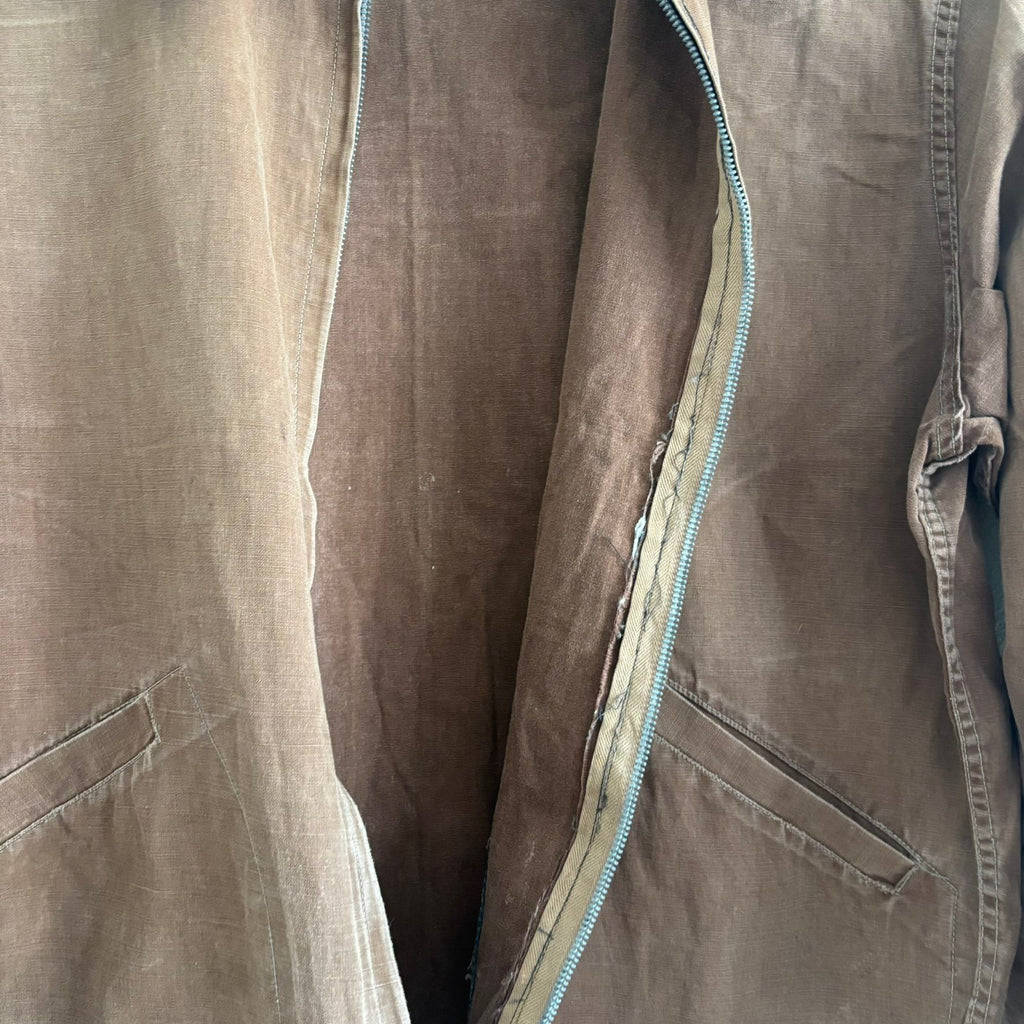 Vintage brown cropped work jacket with pointed collar and CROWN zipper pull.
