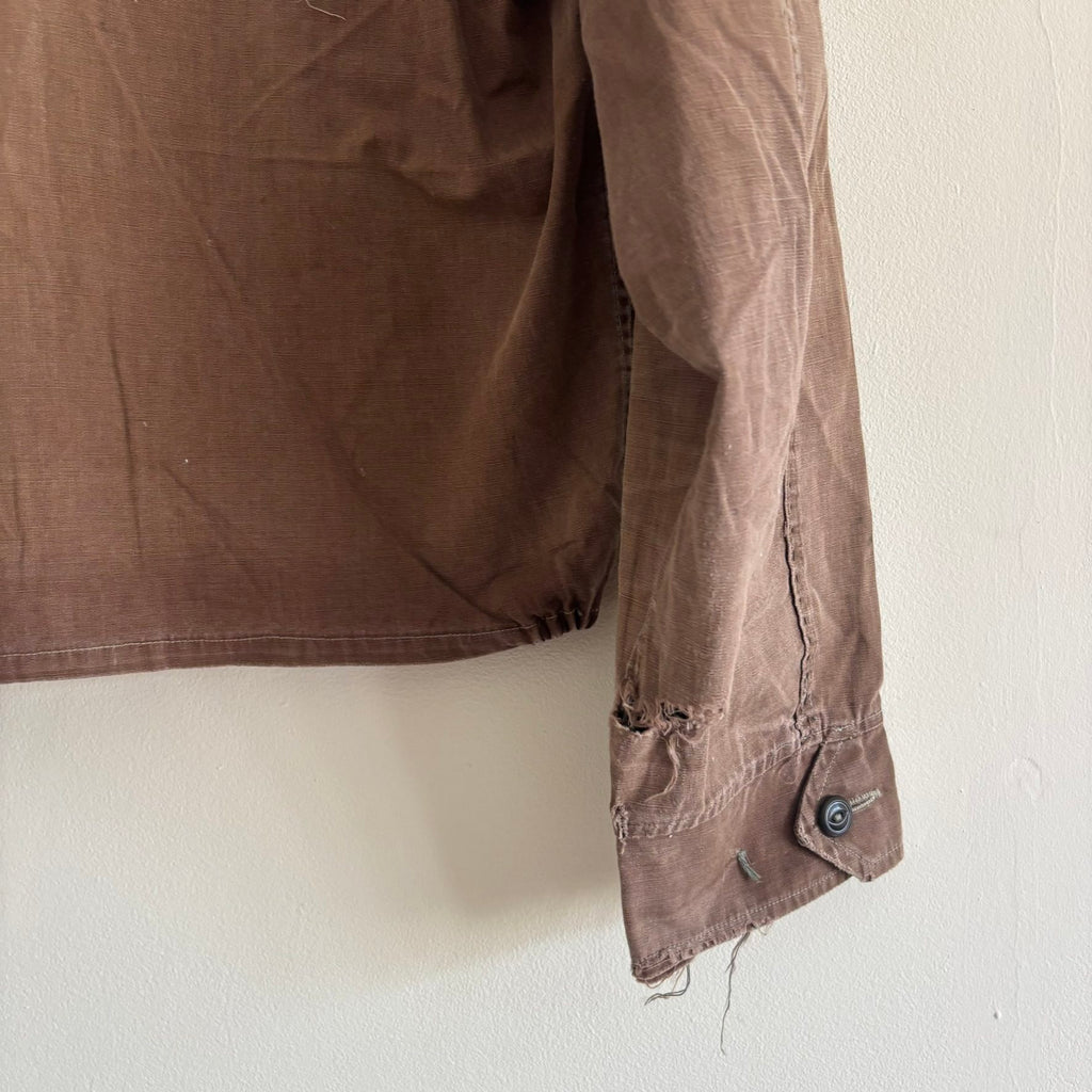 Vintage brown cropped work jacket with pointed collar and CROWN zipper pull.