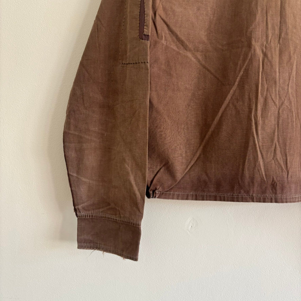 Vintage brown cropped work jacket with pointed collar and CROWN zipper pull.